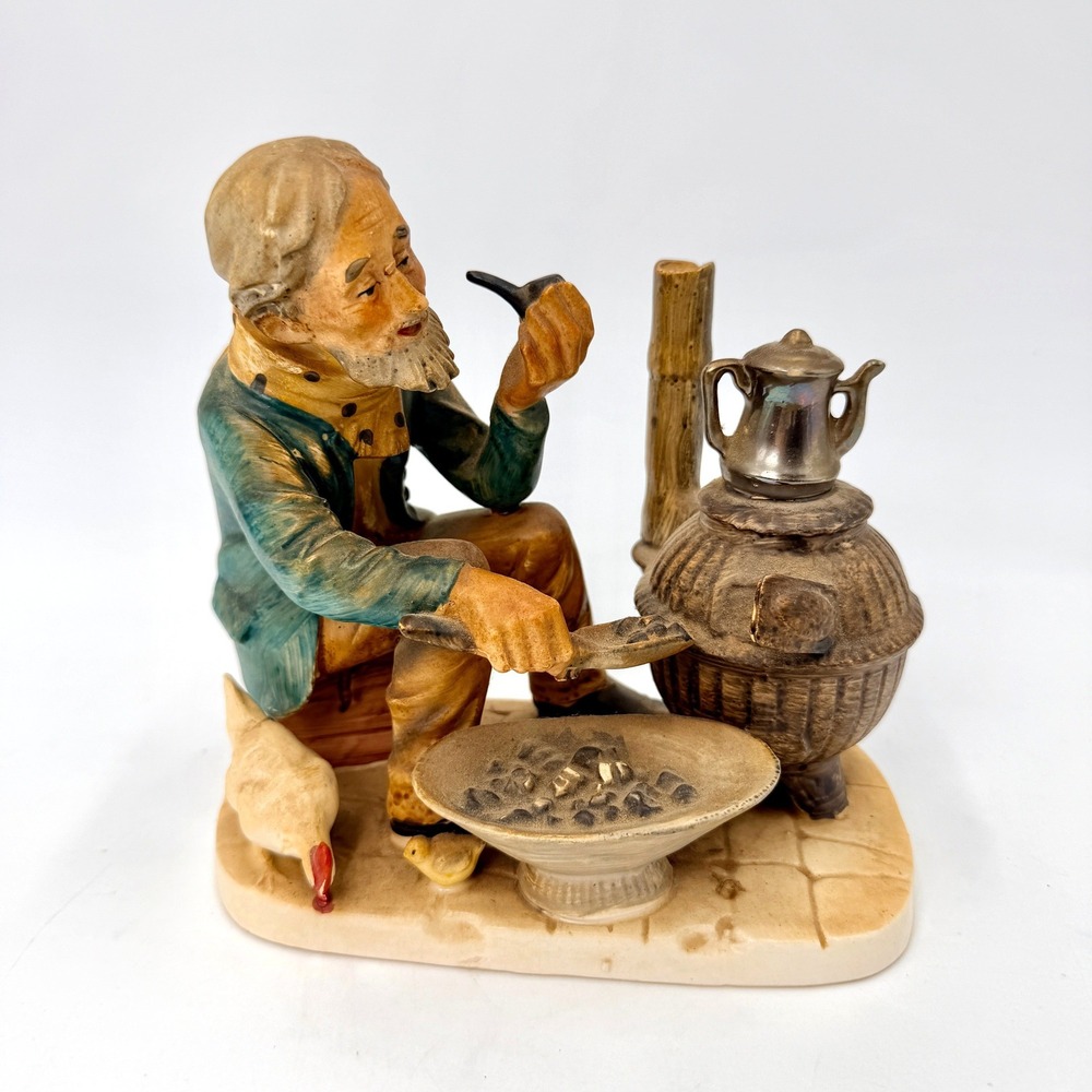 Vintage Norleans Japan Ceramic Figurine Old Man Smoking Pipe Stove Chicken 7in